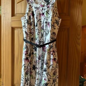 White House Black Market White Sleeveless Floral Midi Dress with Black Belt